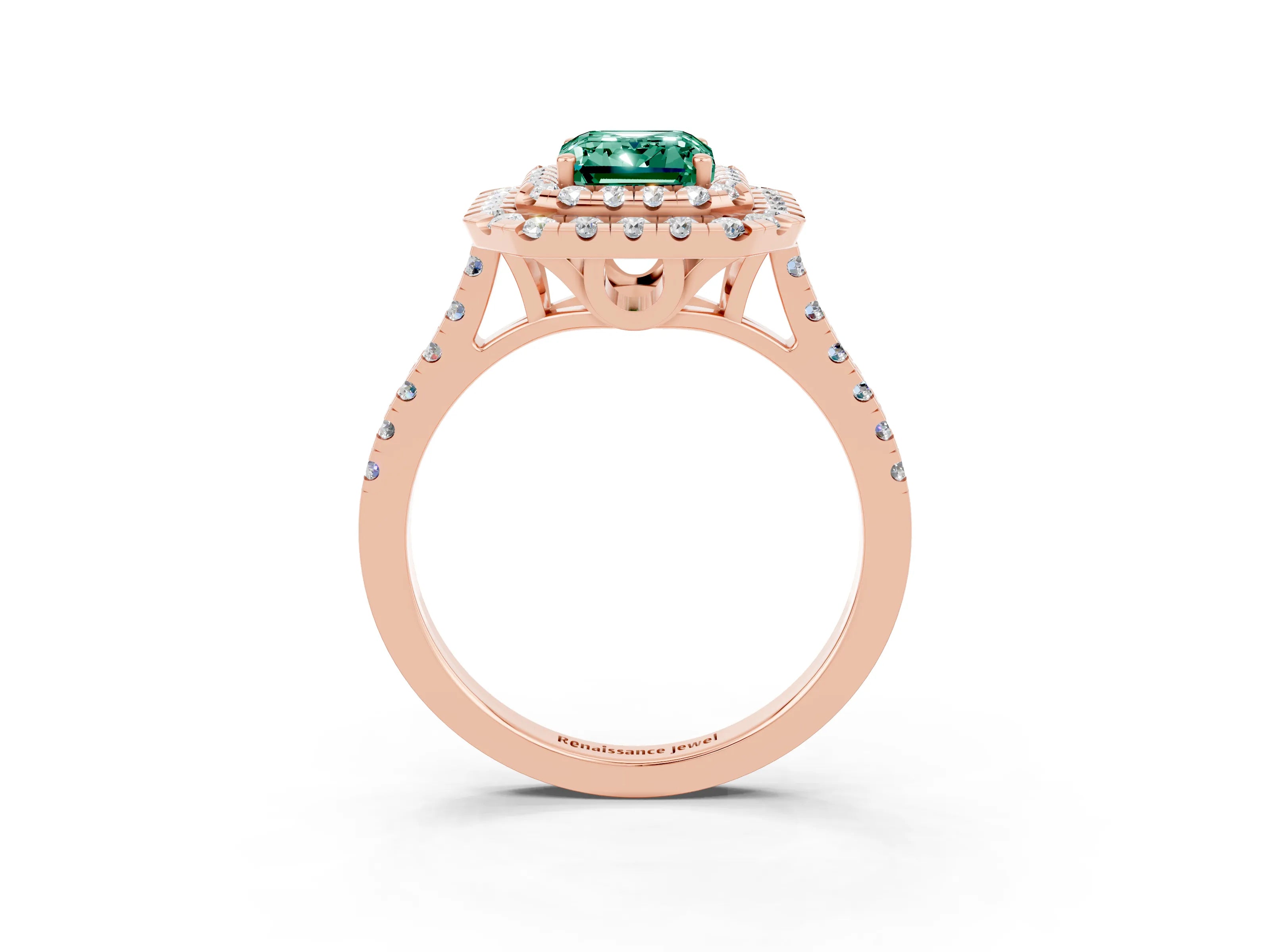 Rose gold Double Halo Emerald Cut Green Sapphire Pavé Band with Four-Prong Setting_3