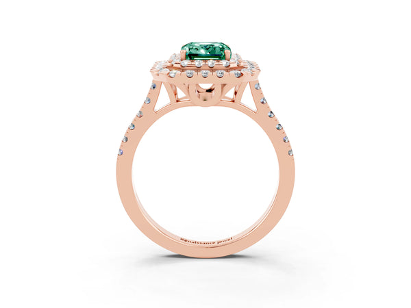Rose gold Double Halo Emerald Cut Green Sapphire Pavé Band with Four-Prong Setting