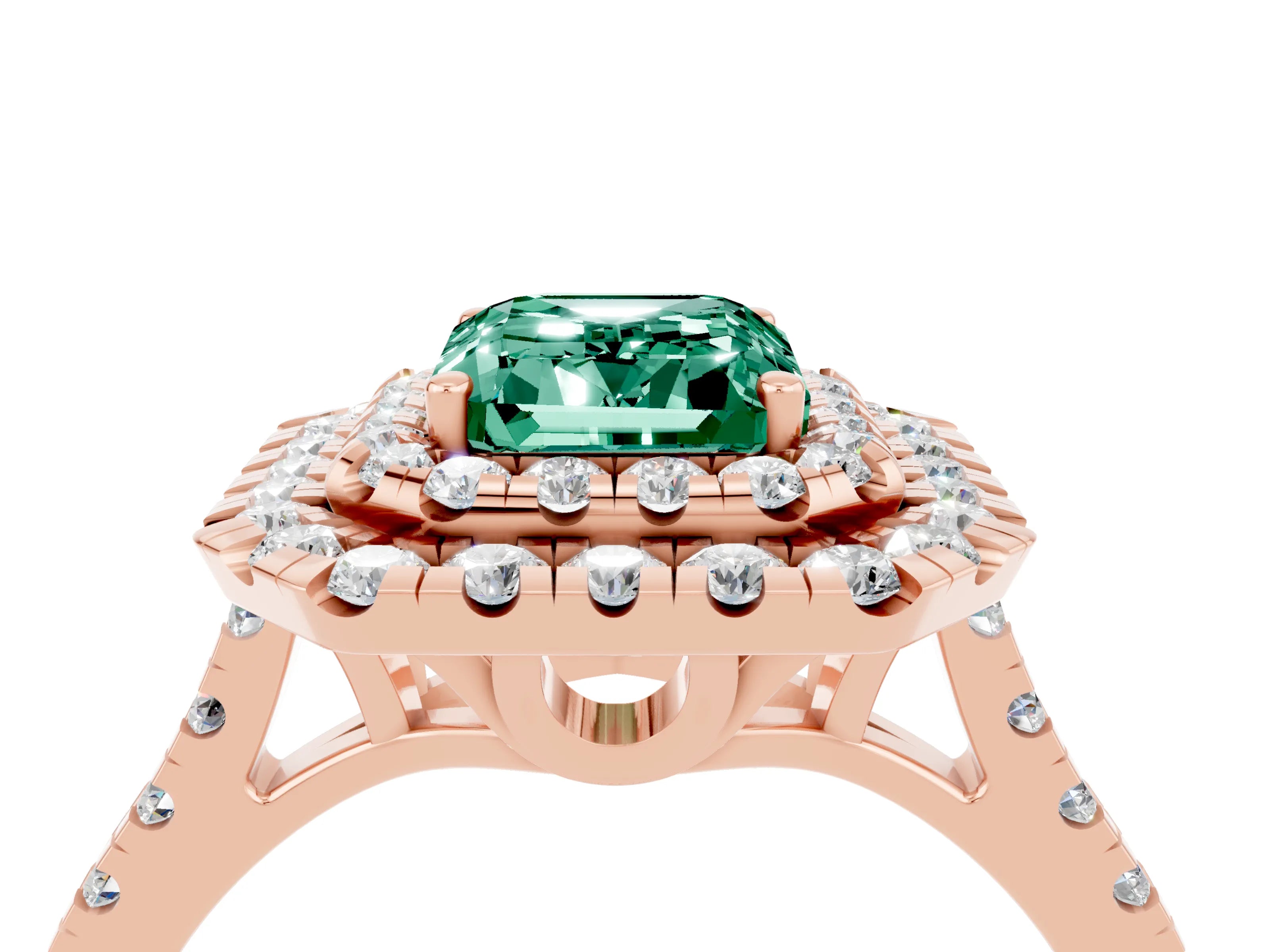 Rose gold Double Halo Emerald Cut Green Sapphire Pavé Band with Four-Prong Setting_4