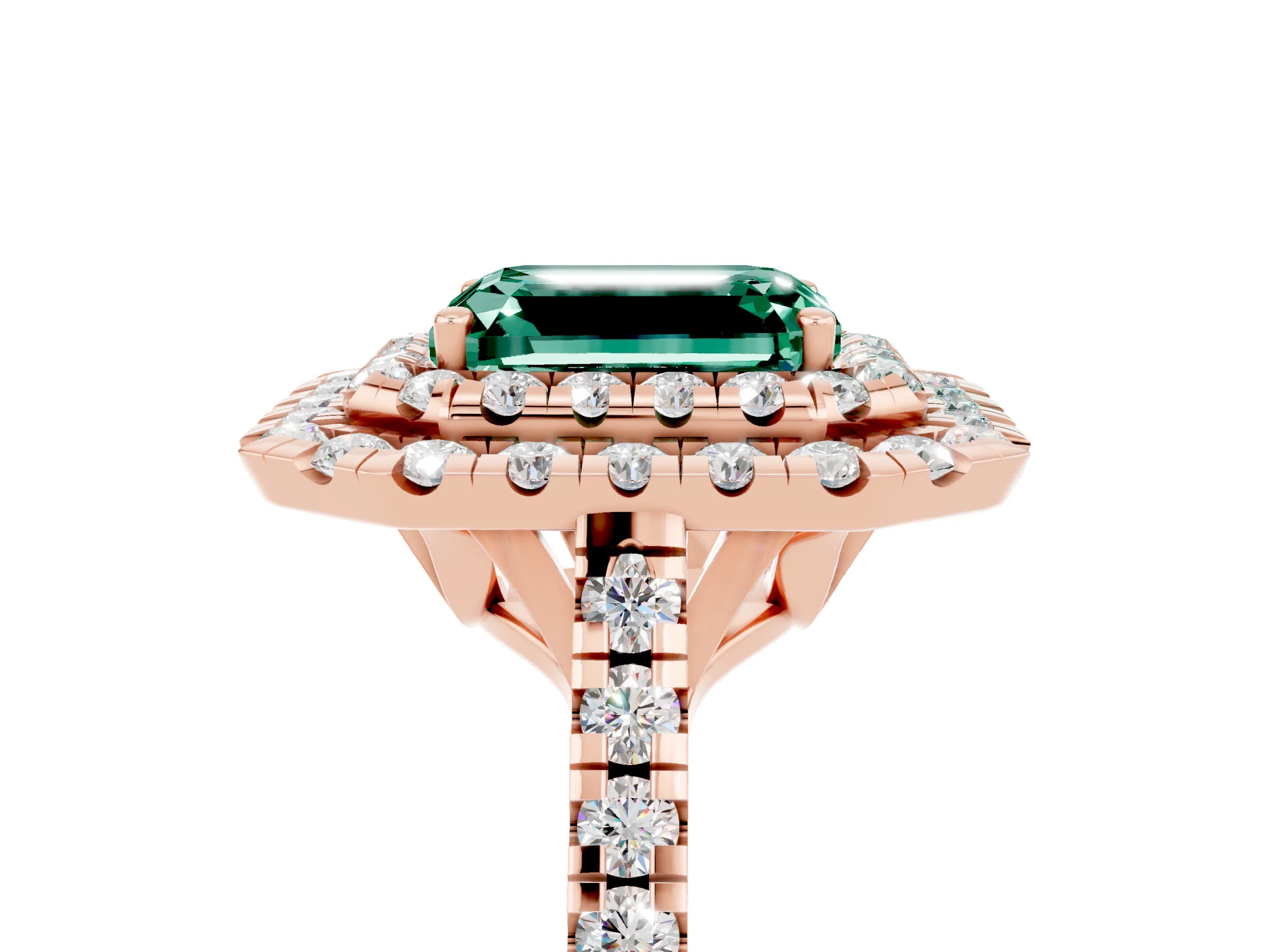 Rose gold Double Halo Emerald Cut Green Sapphire Pavé Band with Four-Prong Setting_5