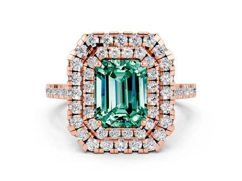 Rose gold Double Halo Emerald Cut Green Sapphire Pavé Band with Four-Prong Setting