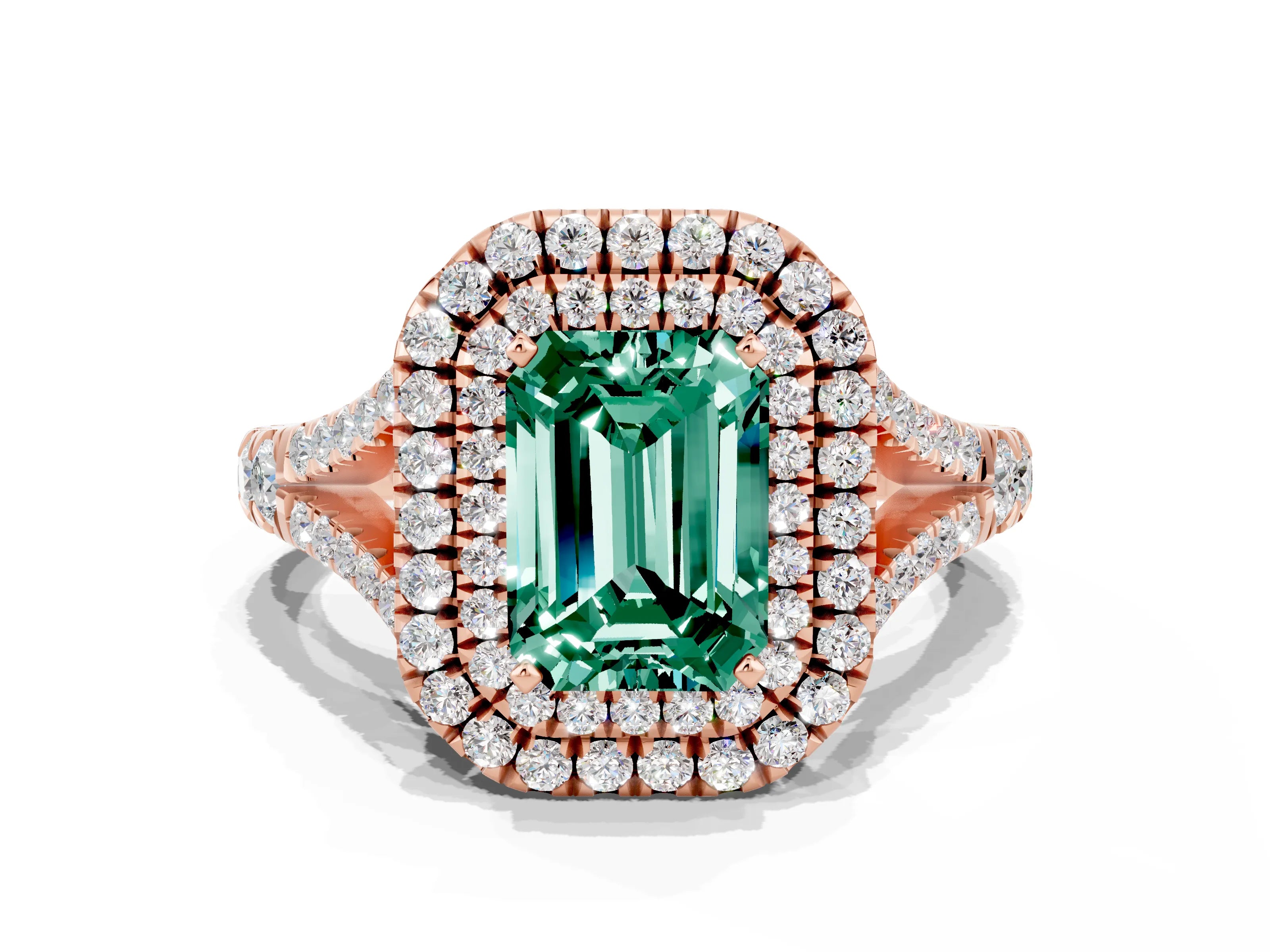 Rose gold Double Halo Emerald Cut Green Sapphire Pavé Split Shank Ring with Prong Setting