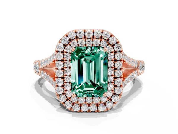 Rose gold Double Halo Emerald Cut Green Sapphire Pavé Split Shank Ring with Prong Setting
