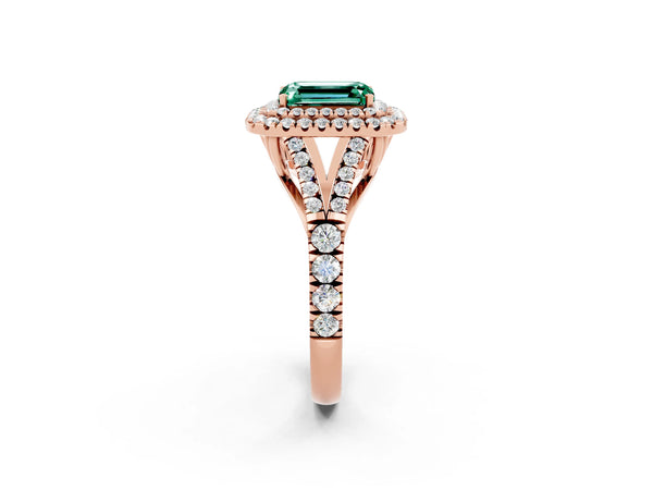 Rose gold Double Halo Emerald Cut Green Sapphire Pavé Split Shank Ring with Prong Setting