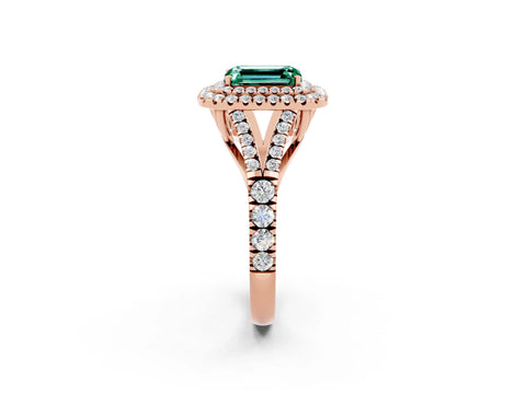 Rose gold Double Halo Emerald Cut Green Sapphire Pavé Split Shank Ring with Prong Setting_2