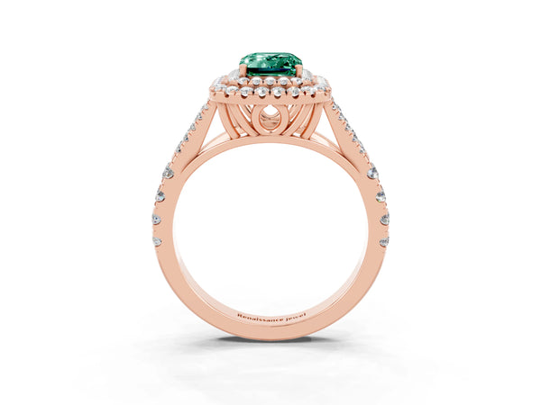 Rose gold Double Halo Emerald Cut Green Sapphire Pavé Split Shank Ring with Prong Setting