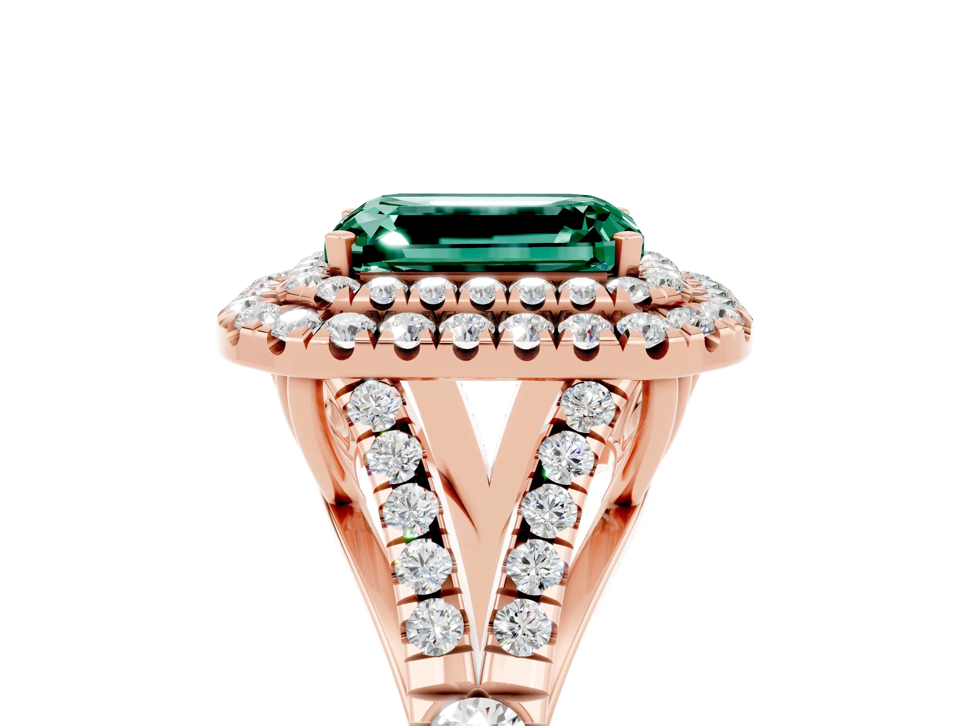 Rose gold Double Halo Emerald Cut Green Sapphire Pavé Split Shank Ring with Prong Setting_5