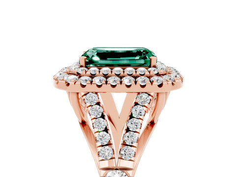 Rose gold Double Halo Emerald Cut Green Sapphire Pavé Split Shank Ring with Prong Setting_5