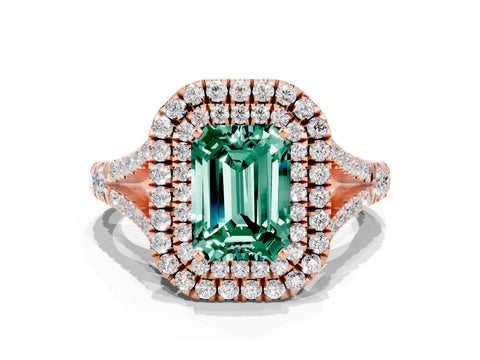 Rose gold Double Halo Emerald Cut Green Sapphire Pavé Split Shank Ring with Prong Setting