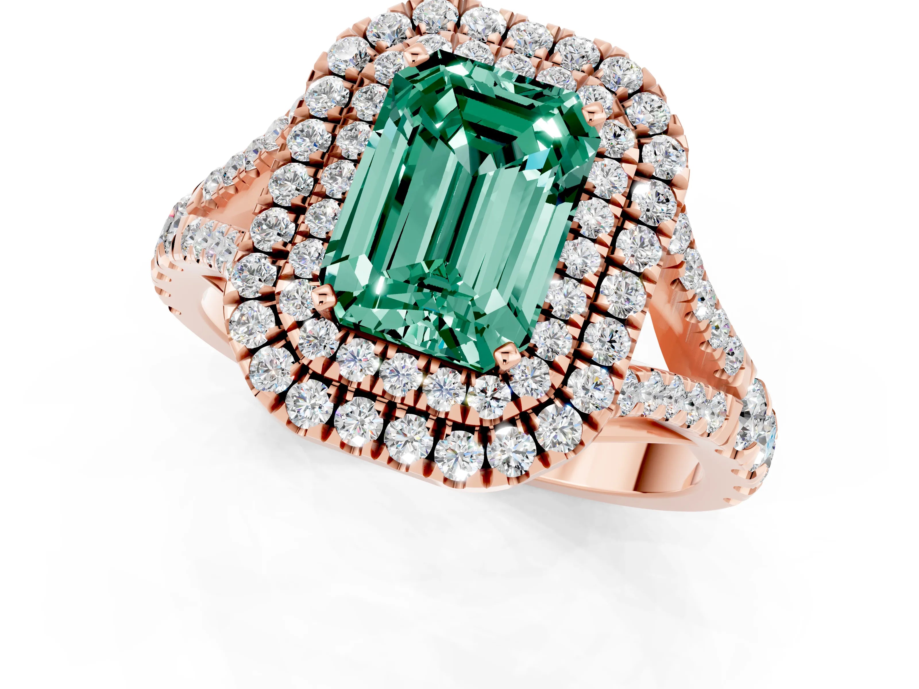 Rose gold Double Halo Emerald Cut Green Sapphire Split Shank Engagement Ring with Four-Prong Setting_1