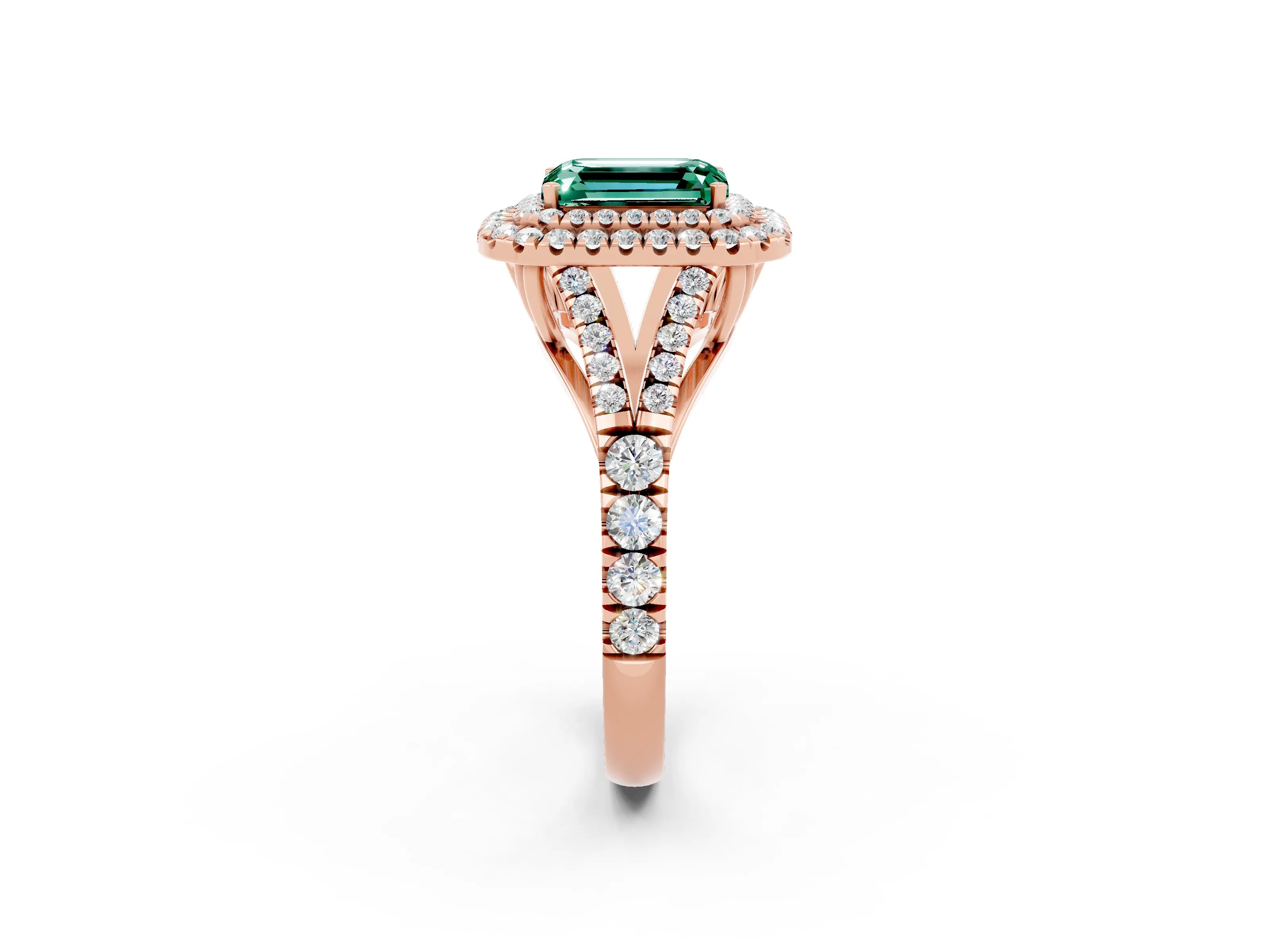 Rose gold Double Halo Emerald Cut Green Sapphire Split Shank Engagement Ring with Four-Prong Setting_2