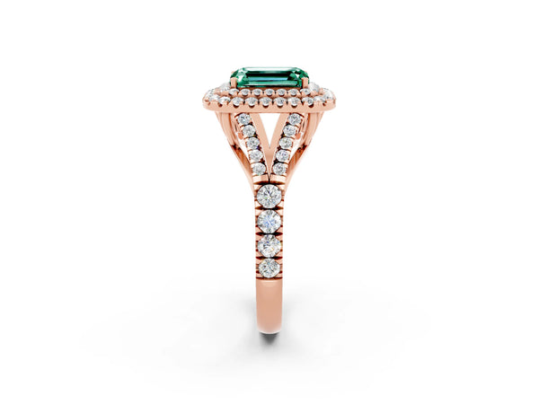 Rose gold Double Halo Emerald Cut Green Sapphire Split Shank Engagement Ring with Four-Prong Setting