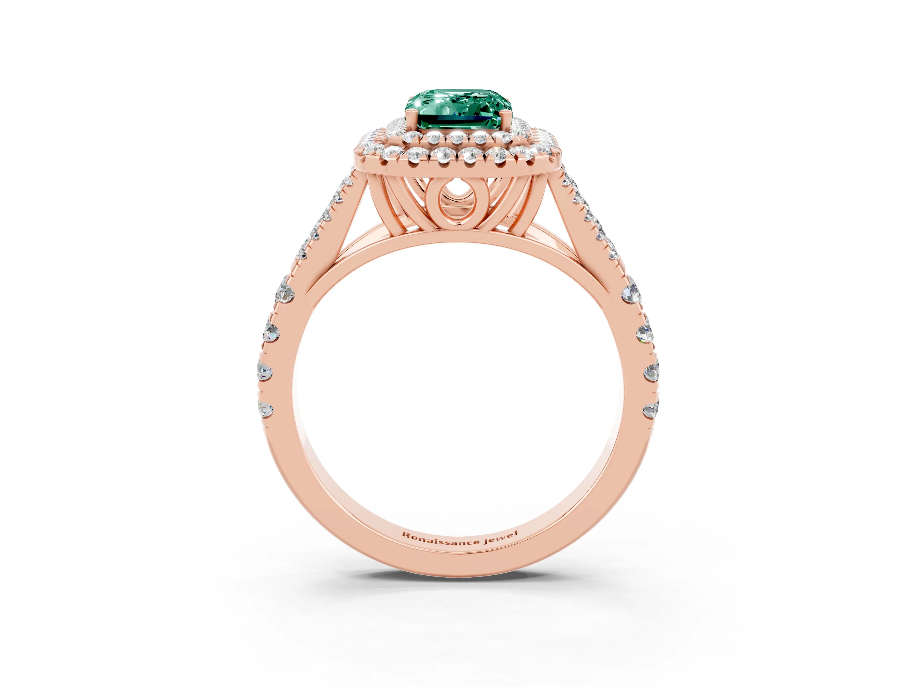 Rose gold Double Halo Emerald Cut Green Sapphire Split Shank Engagement Ring with Four-Prong Setting_3