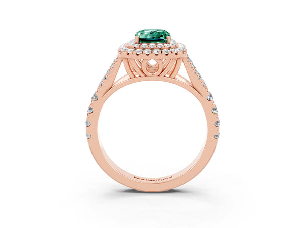 Rose gold Double Halo Emerald Cut Green Sapphire Split Shank Engagement Ring with Four-Prong Setting