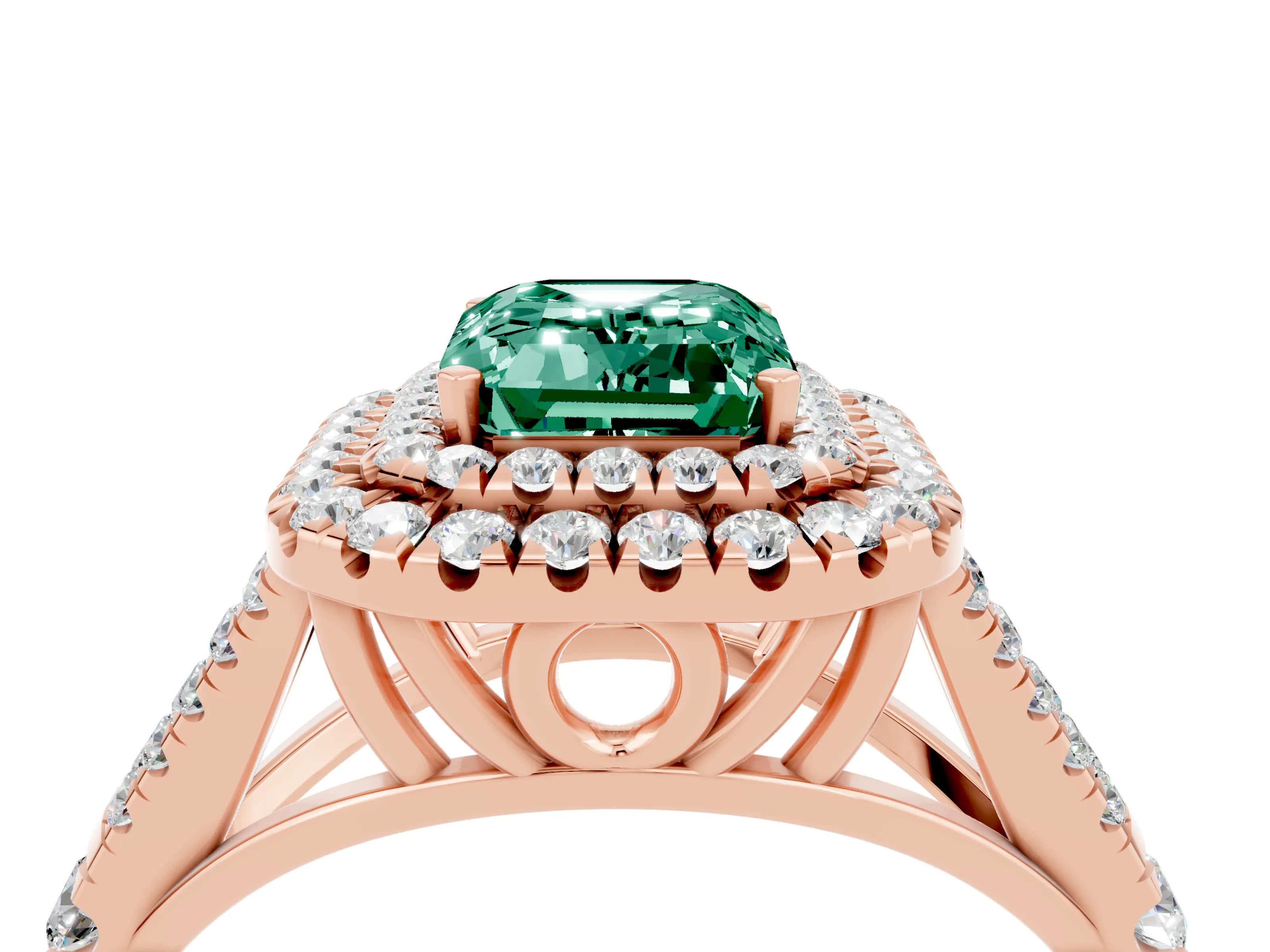 Rose gold Double Halo Emerald Cut Green Sapphire Split Shank Engagement Ring with Four-Prong Setting_4