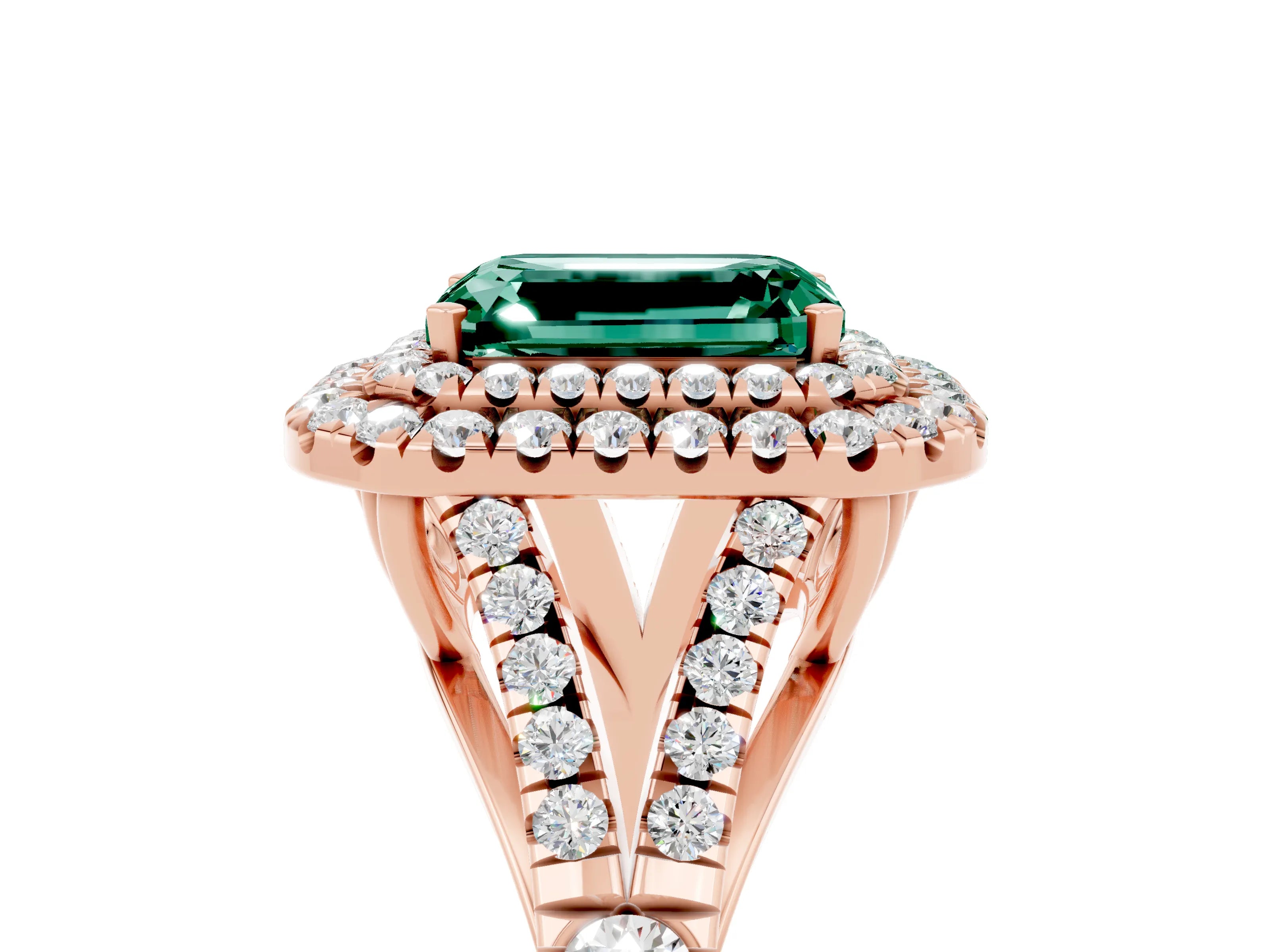 Rose gold Double Halo Emerald Cut Green Sapphire Split Shank Engagement Ring with Four-Prong Setting_5