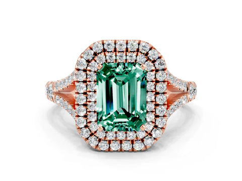 Rose gold Double Halo Emerald Cut Green Sapphire Split Shank Engagement Ring with Four-Prong Setting