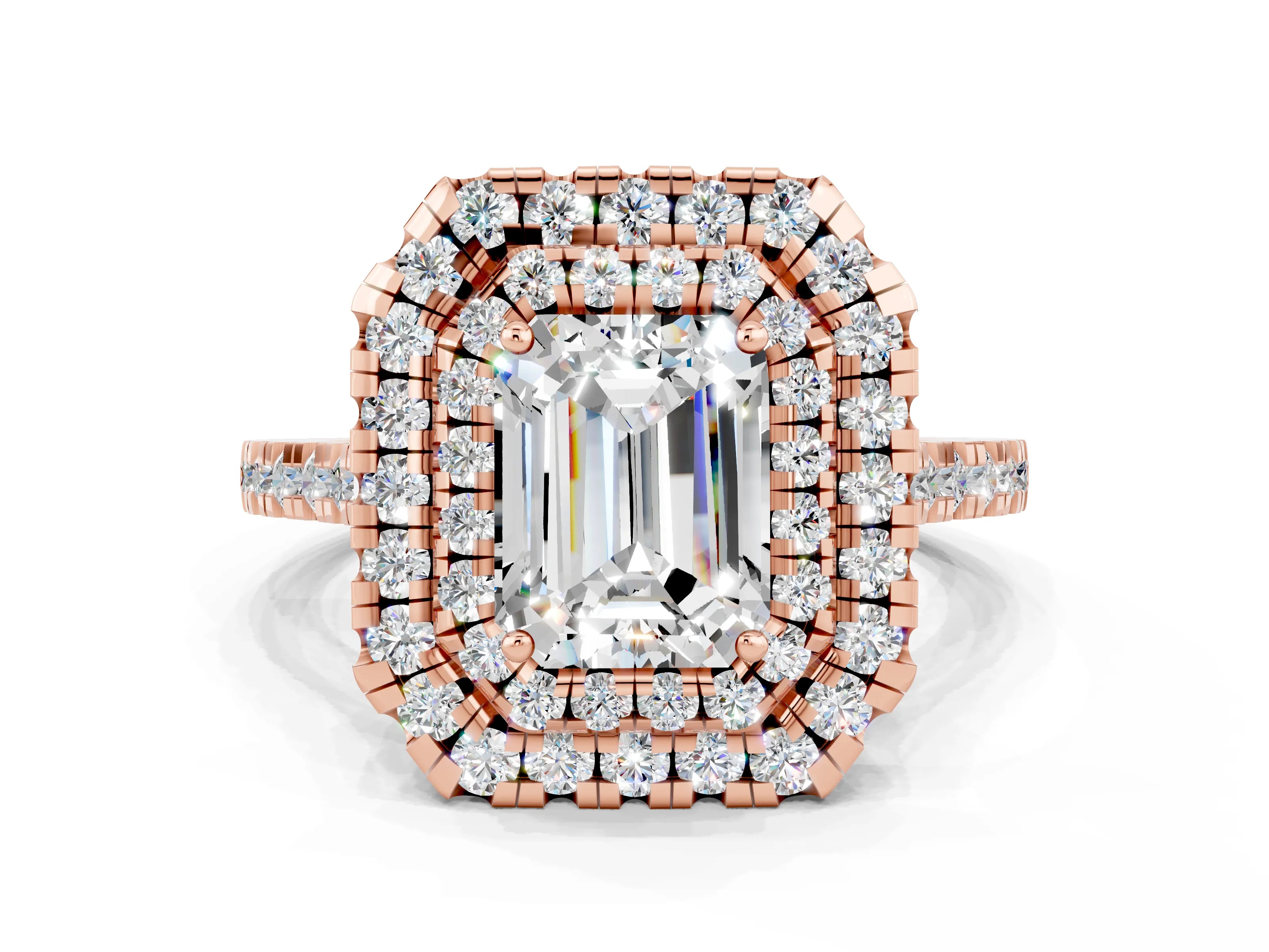 Rose gold Double Halo Emerald Cut Moissanite Pavé Band with Four-Prong Setting