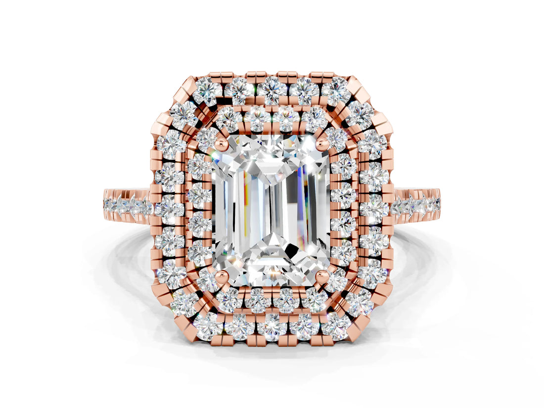 Rose gold Double Halo Emerald Cut Moissanite Pavé Band with Four-Prong Setting