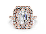 Rose gold Double Halo Emerald Cut Moissanite Pavé Band with Four-Prong Setting