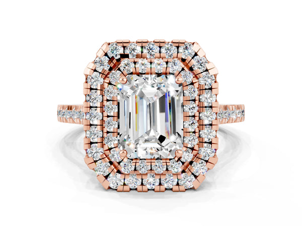 Rose gold Double Halo Emerald Cut Moissanite Pavé Band with Four-Prong Setting