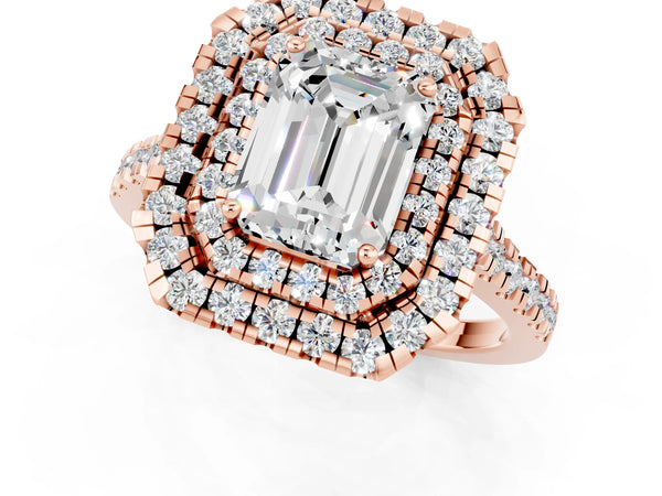 Rose gold Double Halo Emerald Cut Moissanite Pavé Band with Four-Prong Setting