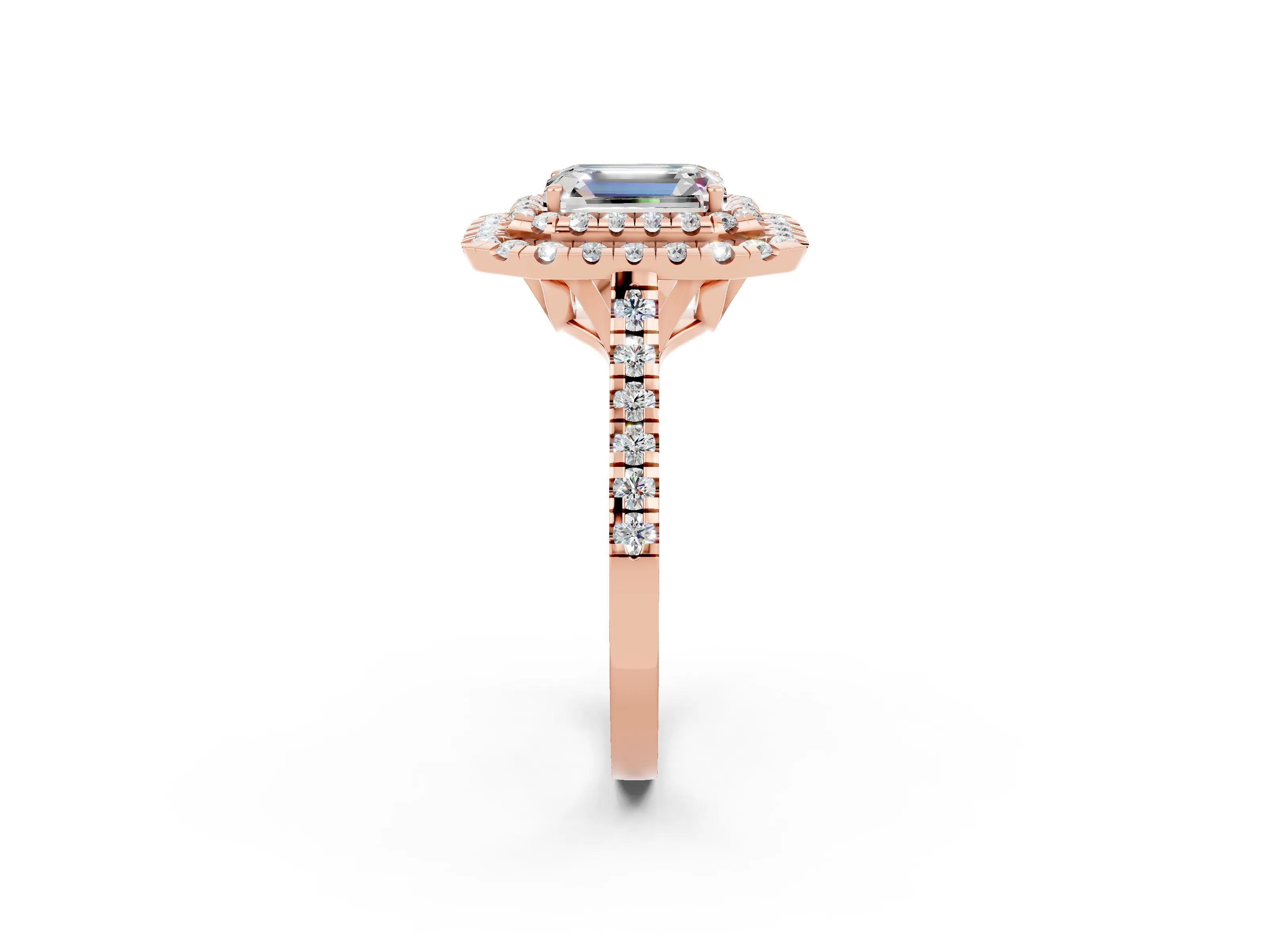 Rose gold Double Halo Emerald Cut Moissanite Pavé Band with Four-Prong Setting_2