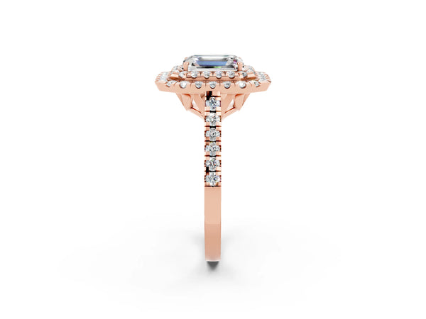 Rose gold Double Halo Emerald Cut Moissanite Pavé Band with Four-Prong Setting