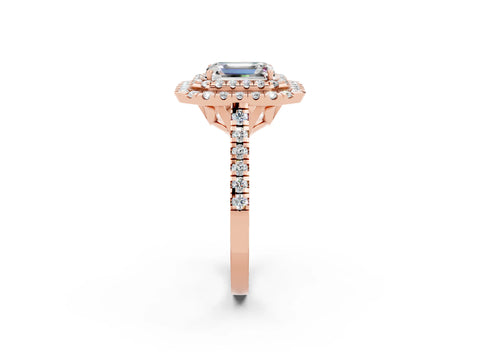 Rose gold Double Halo Emerald Cut Moissanite Pavé Band with Four-Prong Setting_2