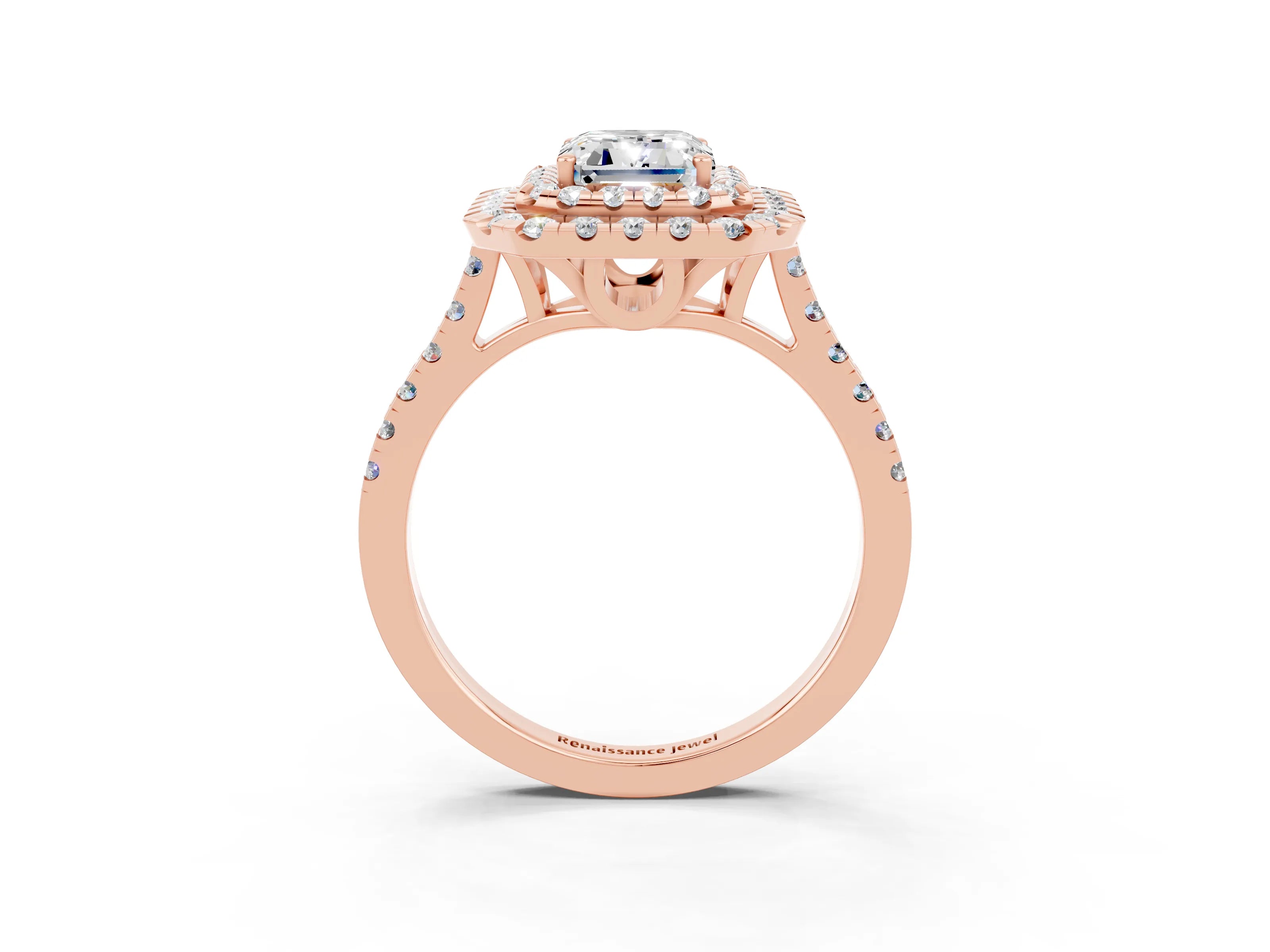 Rose gold Double Halo Emerald Cut Moissanite Pavé Band with Four-Prong Setting_3