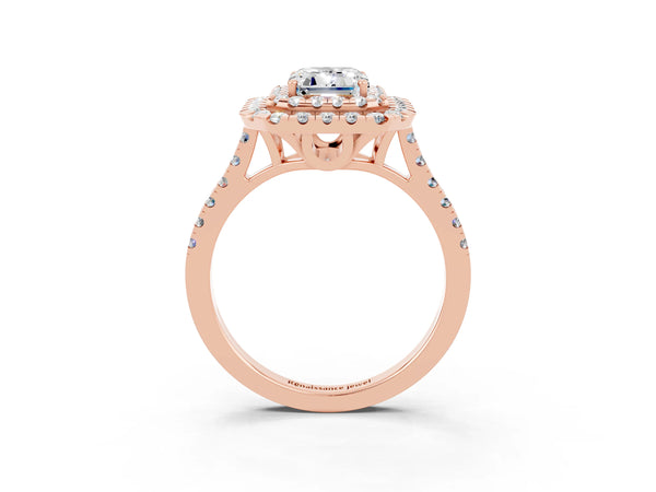 Rose gold Double Halo Emerald Cut Moissanite Pavé Band with Four-Prong Setting