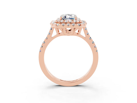 Rose gold Double Halo Emerald Cut Moissanite Pavé Band with Four-Prong Setting_3