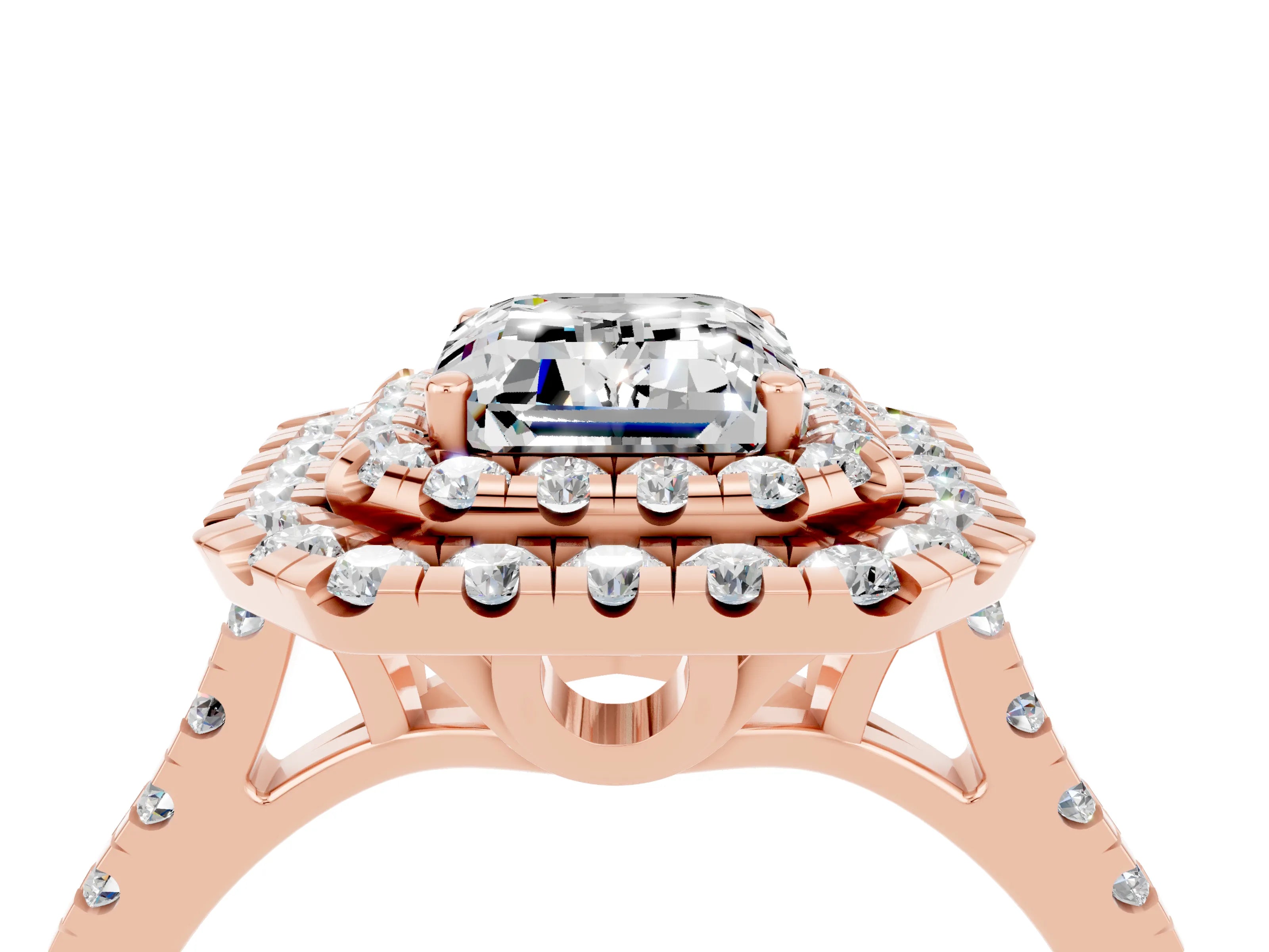 Rose gold Double Halo Emerald Cut Moissanite Pavé Band with Four-Prong Setting_4