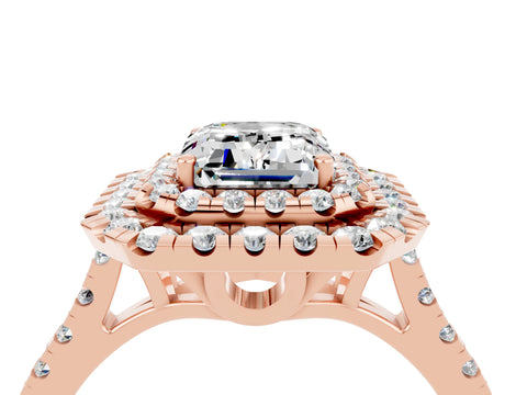 Rose gold Double Halo Emerald Cut Moissanite Pavé Band with Four-Prong Setting_4