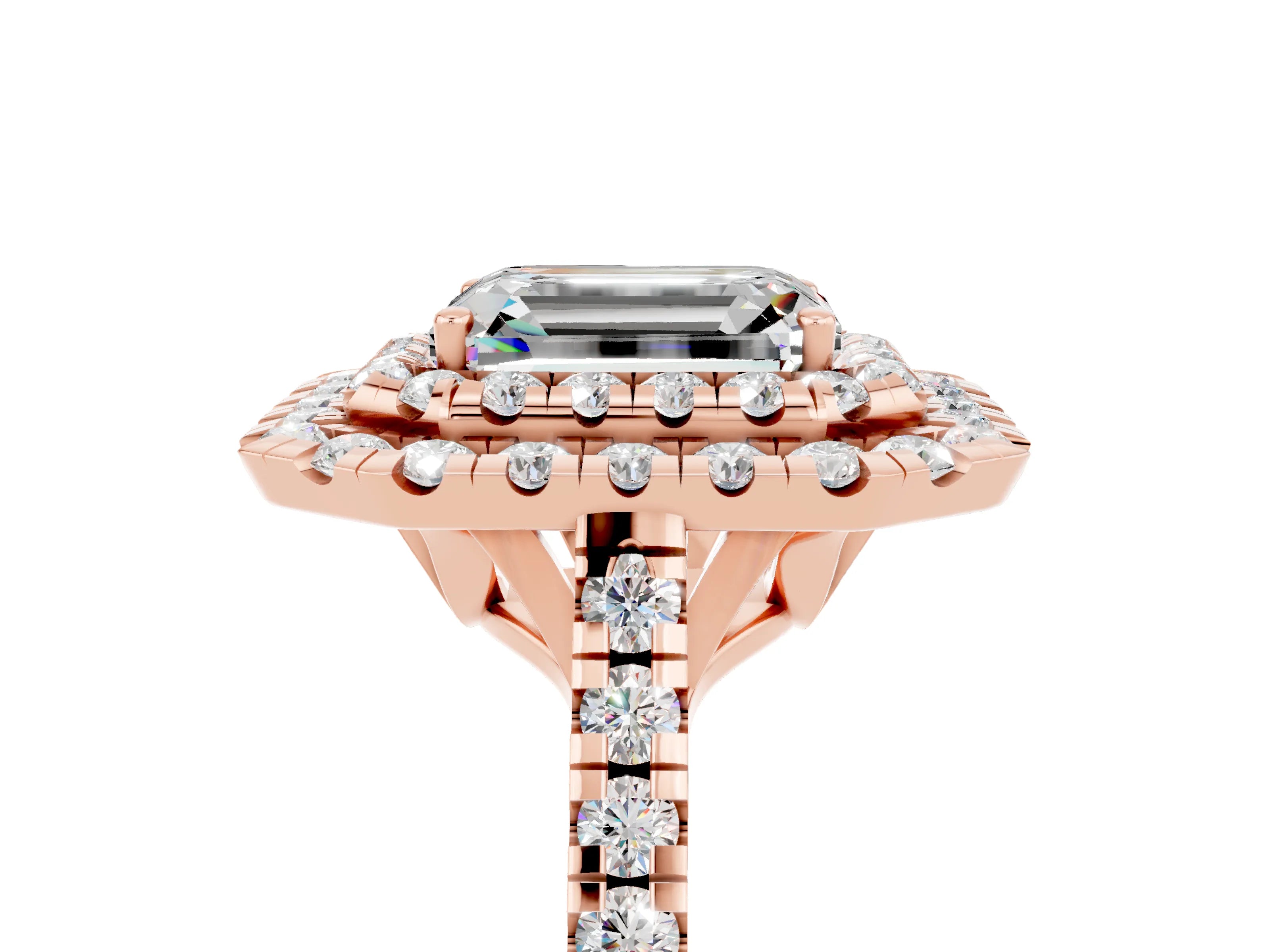 Rose gold Double Halo Emerald Cut Moissanite Pavé Band with Four-Prong Setting_5