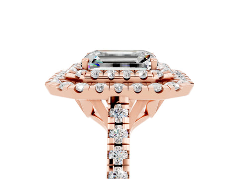 Rose gold Double Halo Emerald Cut Moissanite Pavé Band with Four-Prong Setting_5