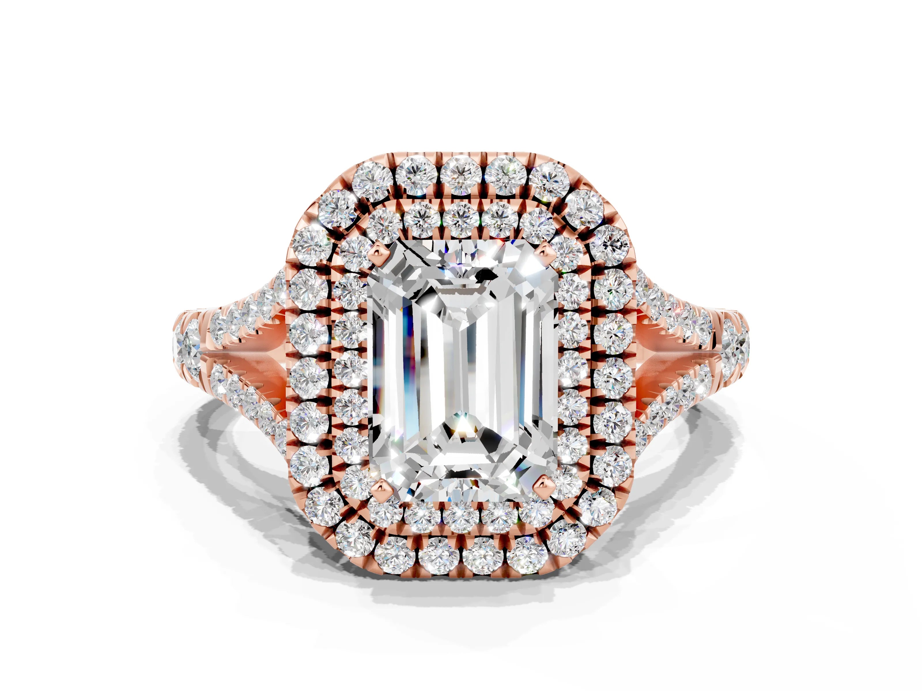 Rose gold Double Halo Emerald Cut Moissanite Pavé Split Shank Ring with Prong Setting