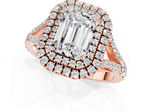 Rose gold Double Halo Emerald Cut Moissanite Pavé Split Shank Ring with Prong Setting_1