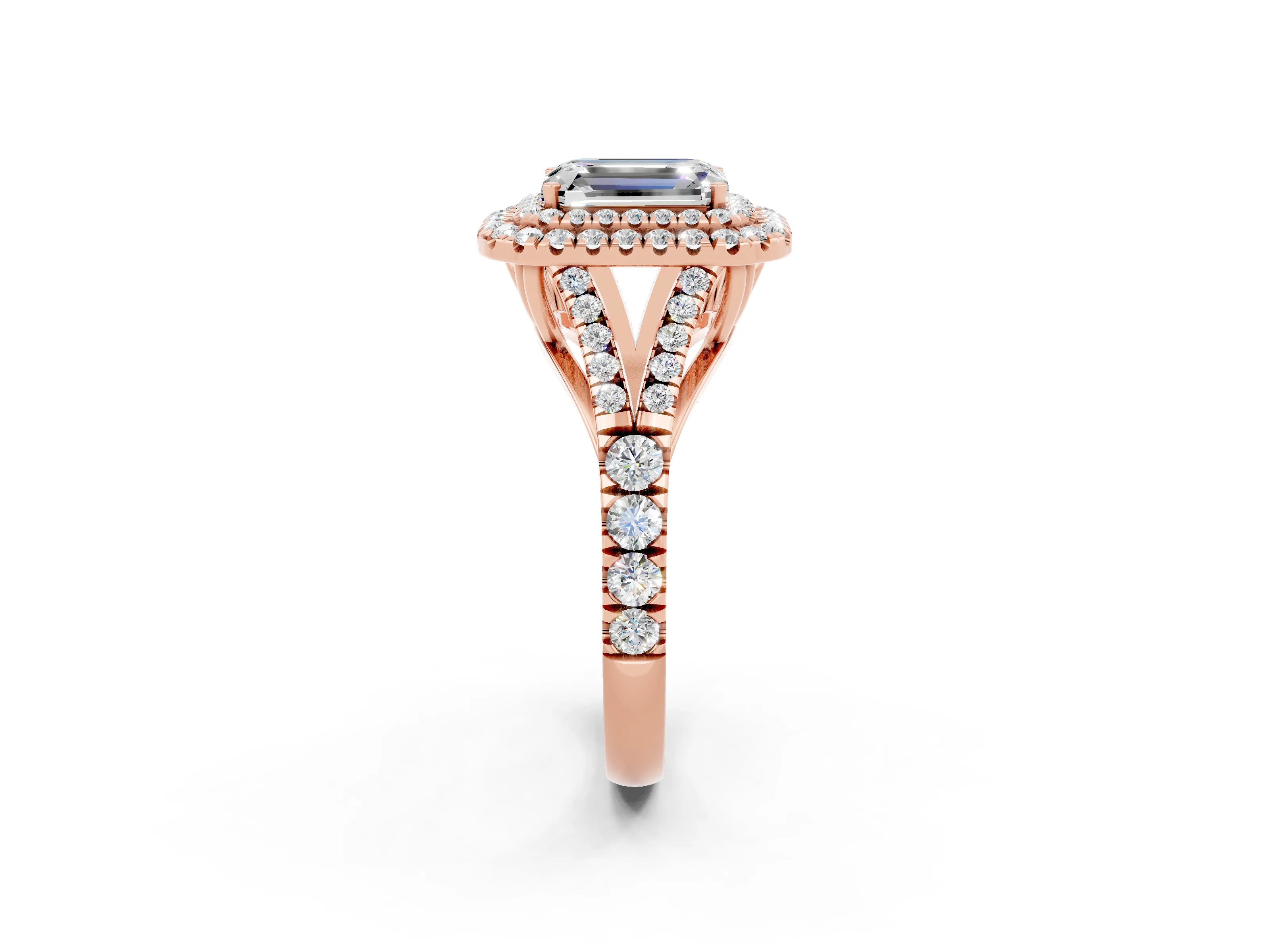 Rose gold Double Halo Emerald Cut Moissanite Pavé Split Shank Ring with Prong Setting_2