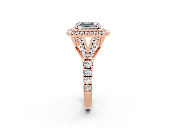 Rose gold Double Halo Emerald Cut Moissanite Pavé Split Shank Ring with Prong Setting
