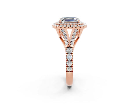 Rose gold Double Halo Emerald Cut Moissanite Pavé Split Shank Ring with Prong Setting_2