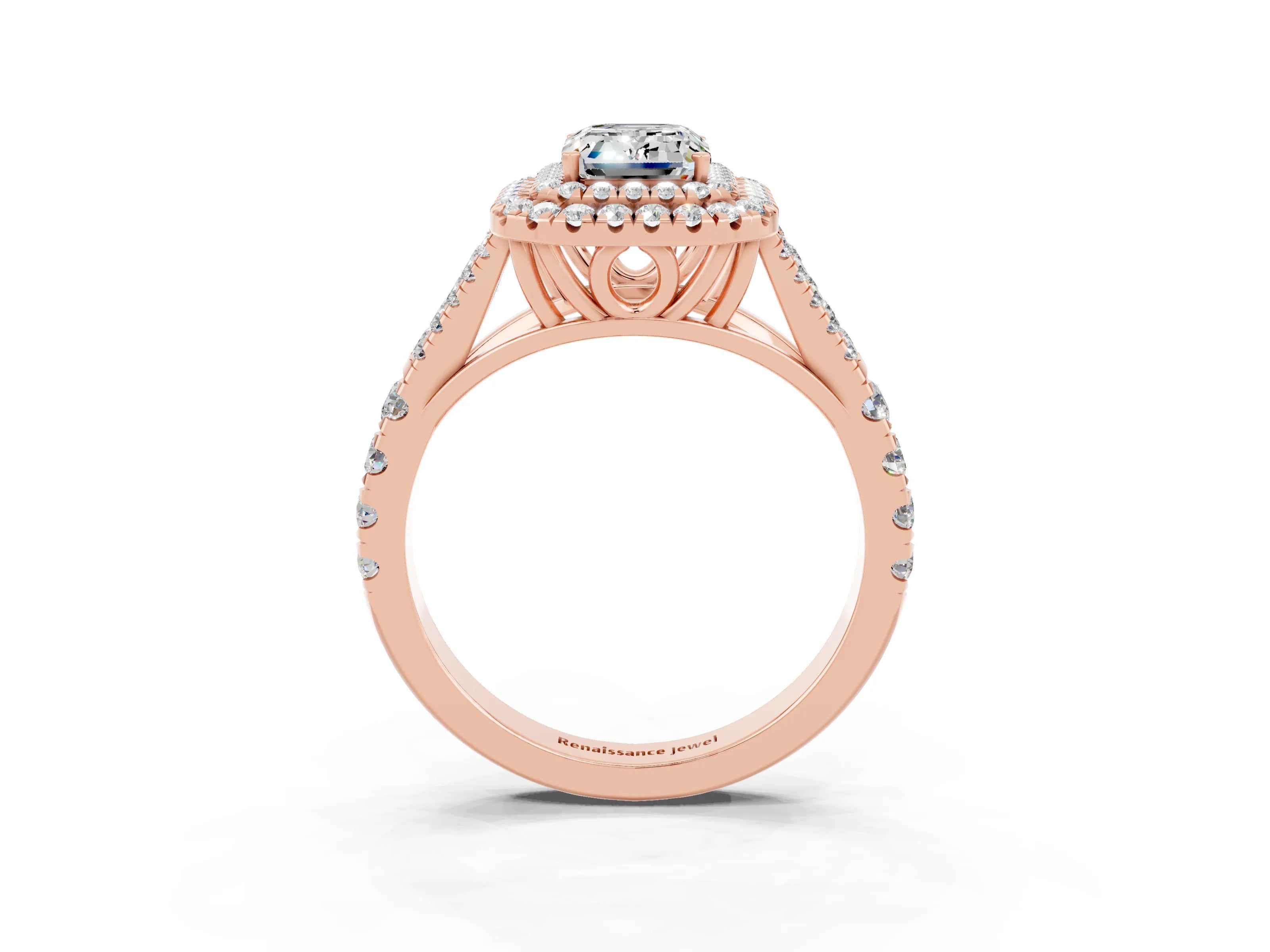 Rose gold Double Halo Emerald Cut Moissanite Pavé Split Shank Ring with Prong Setting_3