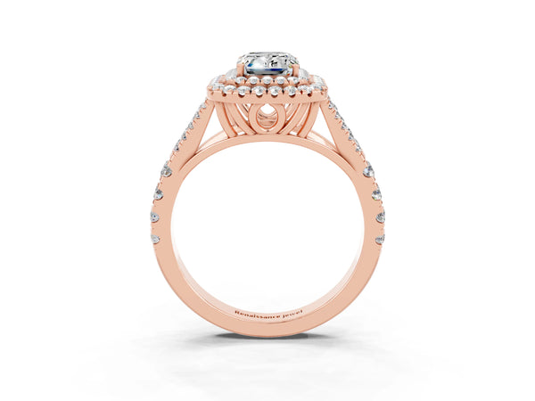Rose gold Double Halo Emerald Cut Moissanite Pavé Split Shank Ring with Prong Setting