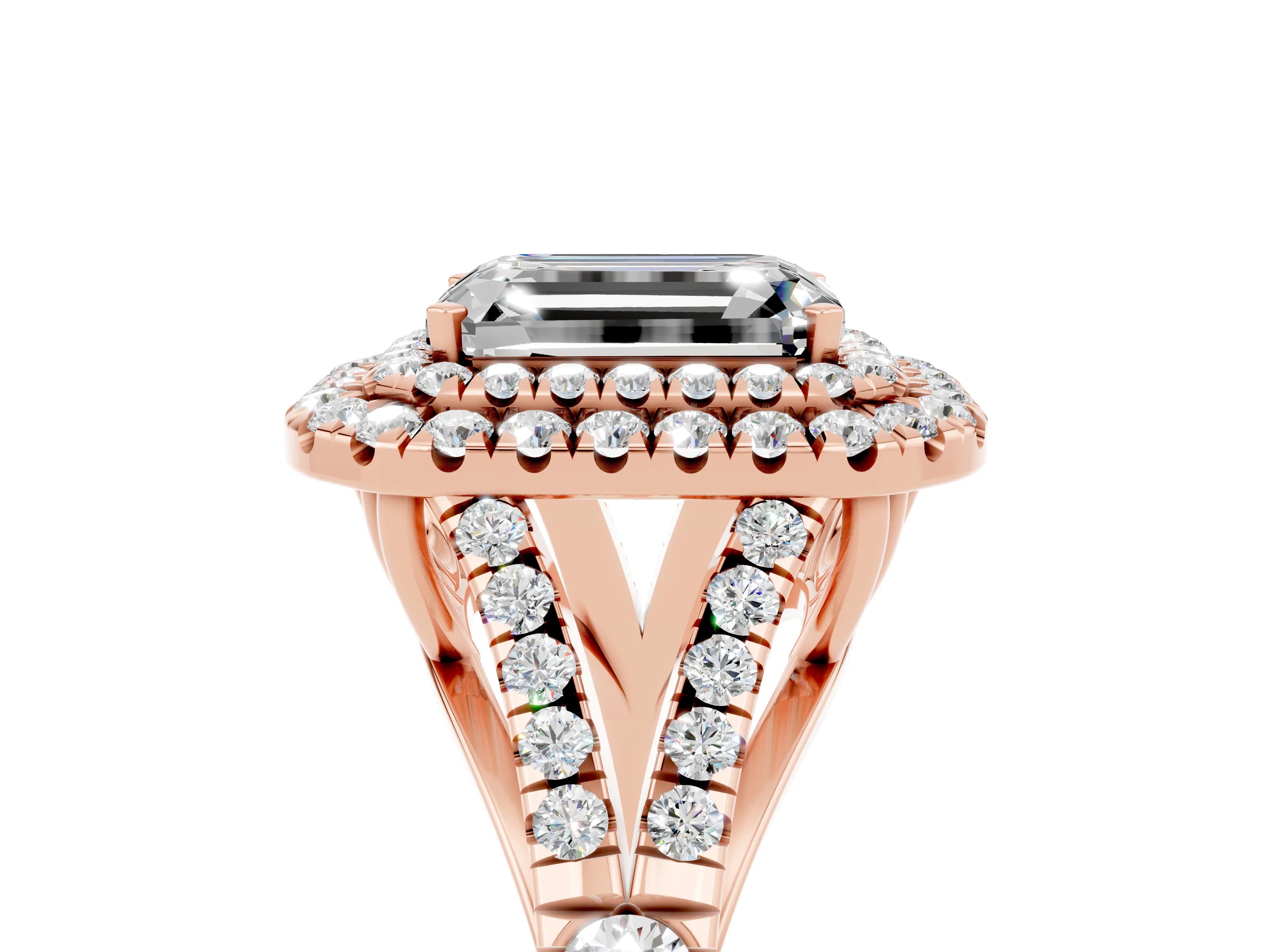 Rose gold Double Halo Emerald Cut Moissanite Pavé Split Shank Ring with Prong Setting_5