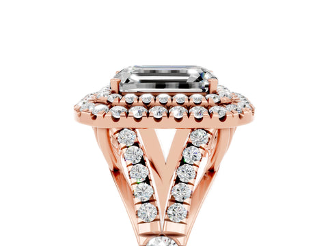Rose gold Double Halo Emerald Cut Moissanite Pavé Split Shank Ring with Prong Setting_5