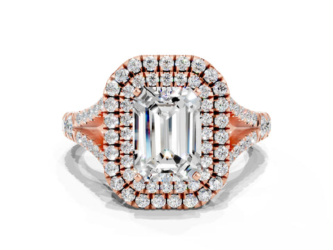 Rose gold Double Halo Emerald Cut Moissanite Pavé Split Shank Ring with Prong Setting