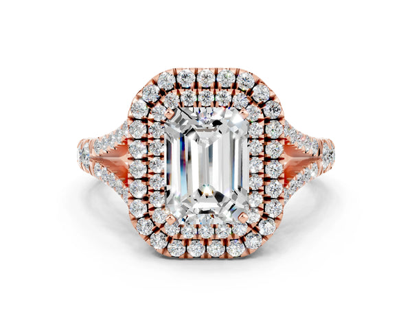 Rose gold Double Halo Emerald Cut Moissanite Split Shank Engagement Ring with Four-Prong Setting