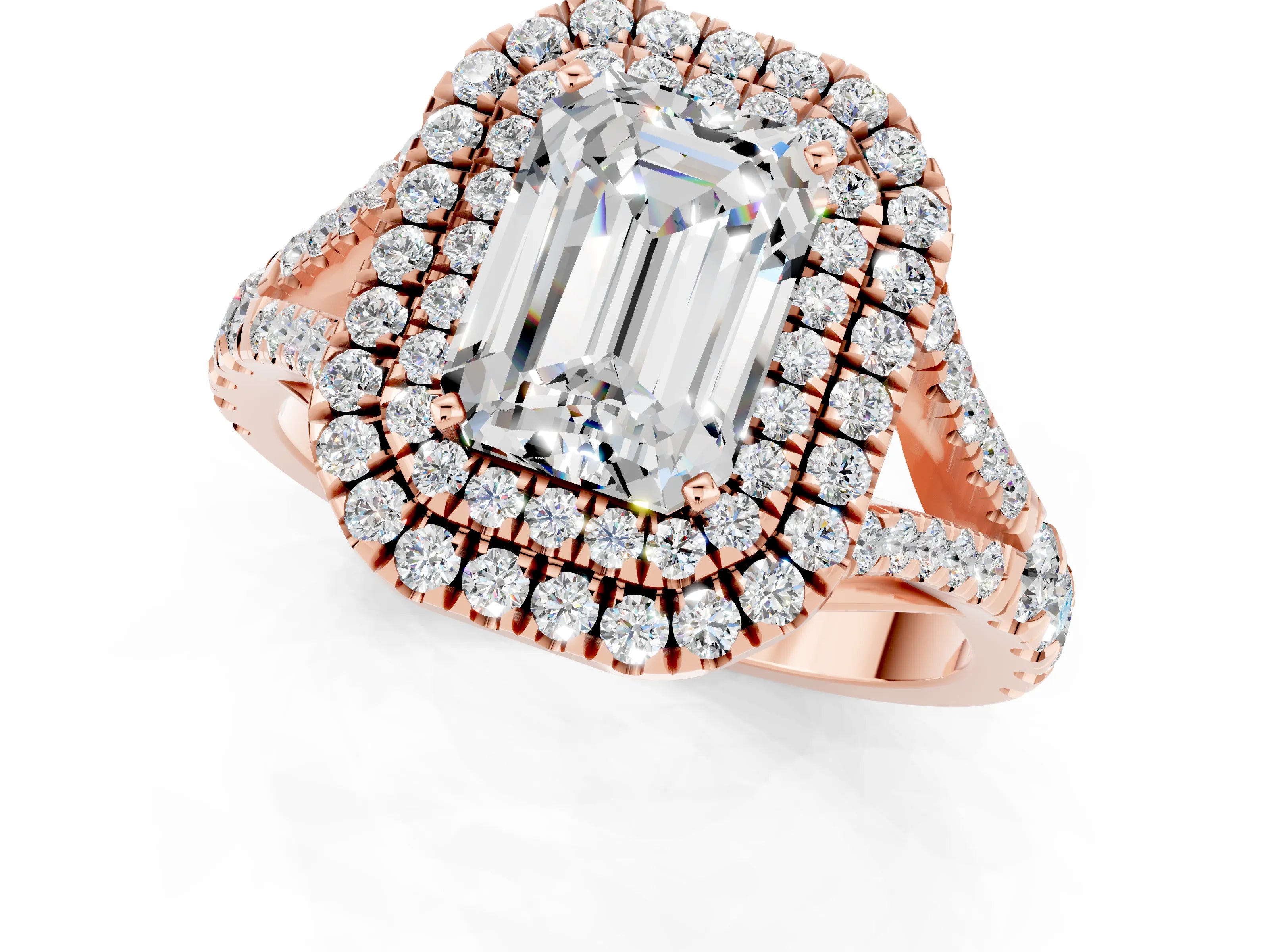 Rose gold Double Halo Emerald Cut Moissanite Split Shank Engagement Ring with Four-Prong Setting_1