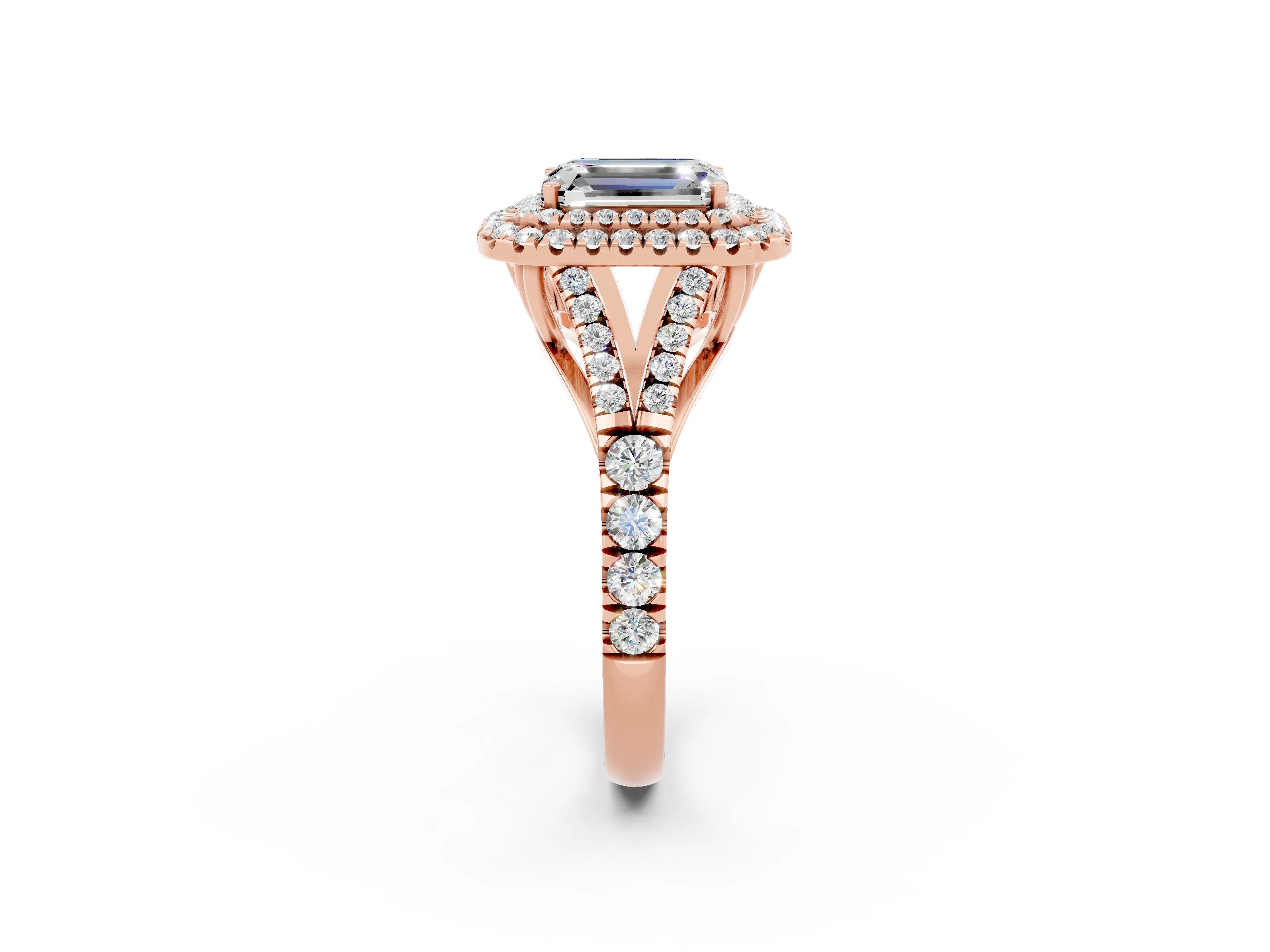 Rose gold Double Halo Emerald Cut Moissanite Split Shank Engagement Ring with Four-Prong Setting_2