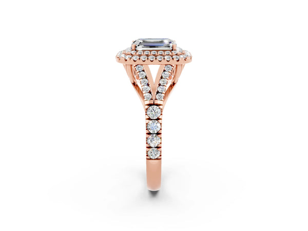 Rose gold Double Halo Emerald Cut Moissanite Split Shank Engagement Ring with Four-Prong Setting